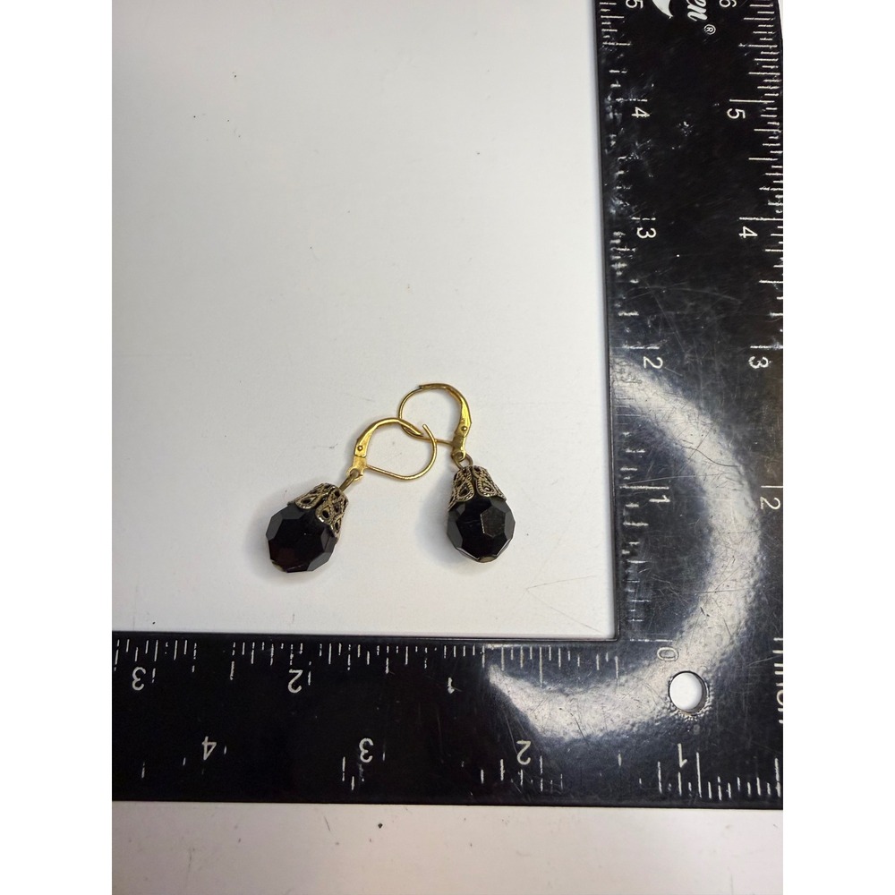 Gold Tone Filigree Cap Black Faceted Bead Lever Back Drop Earrings